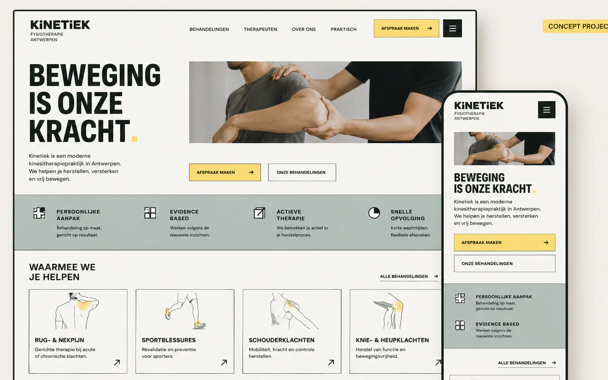 Konzeptdesign für die Website einer fiktiven belgischen Physiotherapiepraxis in Desktop- und Mobilansicht.