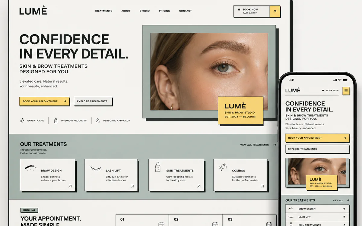 Konzeptdesign für die Website eines fiktiven belgischen Skin- und Brow-Studios in Desktop- und Mobilansicht.