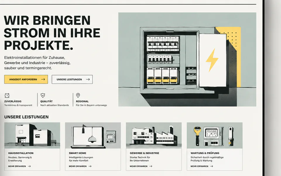 Konzeptdesign für die Website eines fiktiven deutschen Elektroinstallationsbetriebs in einer Desktopansicht.